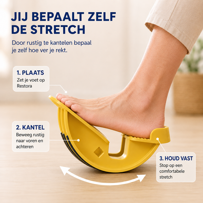 Restora gebruiksstappen: plaats de voet, kantel rustig, houd de stretch vast