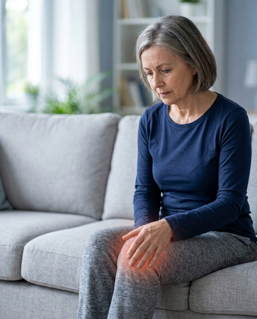 Vrouw op de bank met de hand bij haar pijnlijke knie, nog zonder product