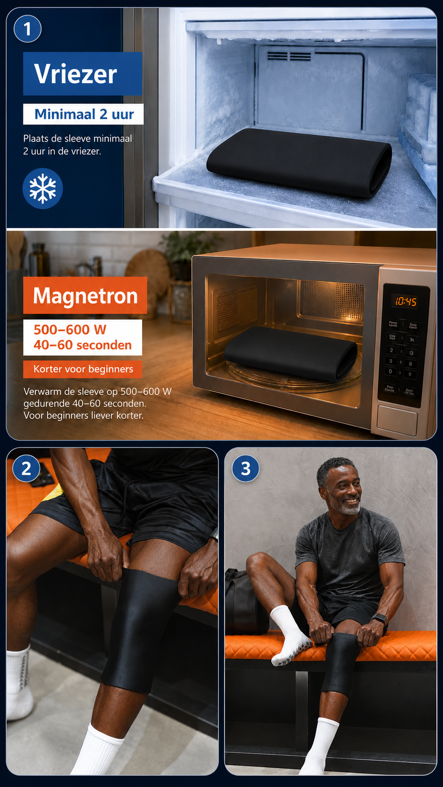 Drie stappen: vriezer of magnetron, mouw omdoen, comfortabel gebruiken