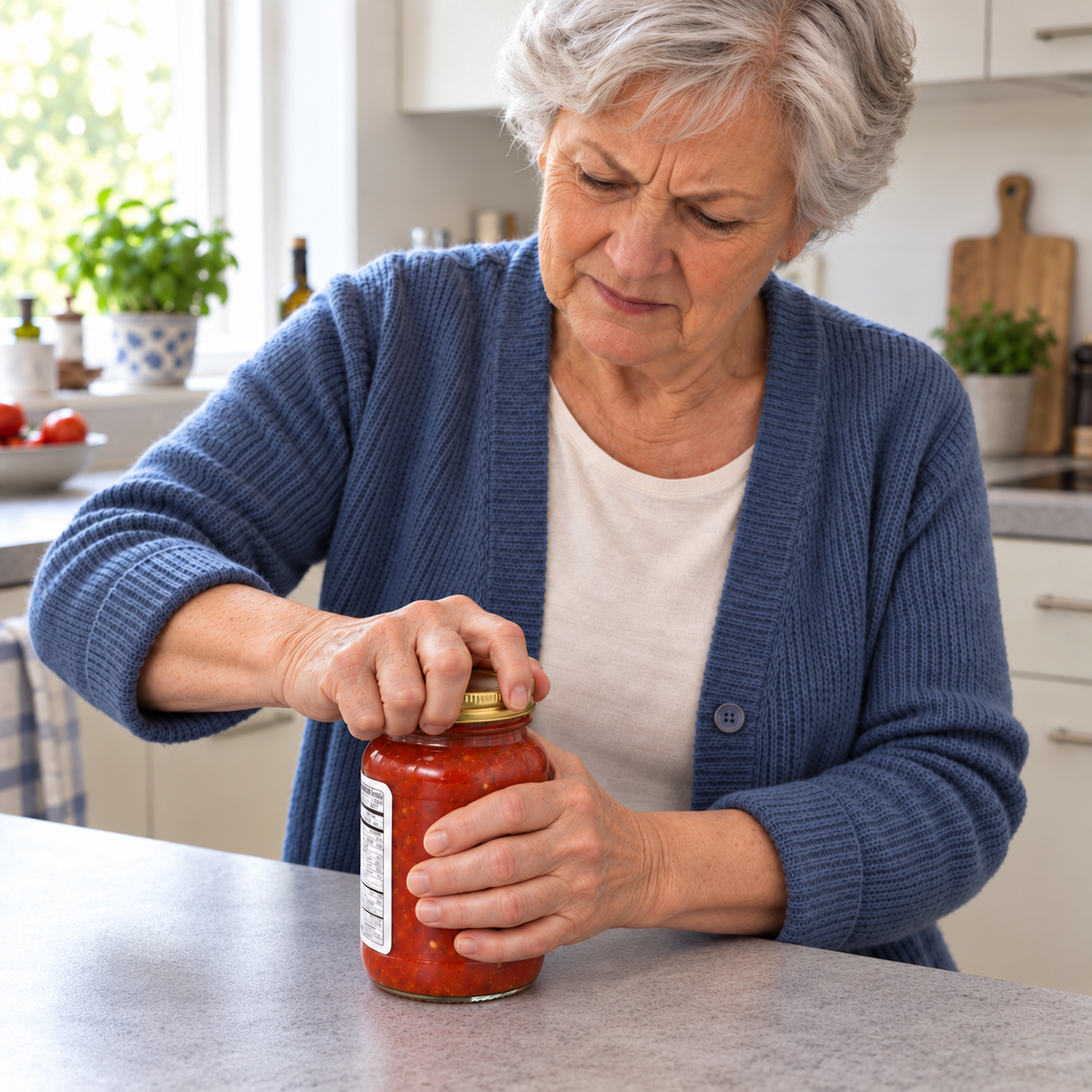 Oudere vrouw probeert een gesloten pot tomatensaus met de hand open te draaien