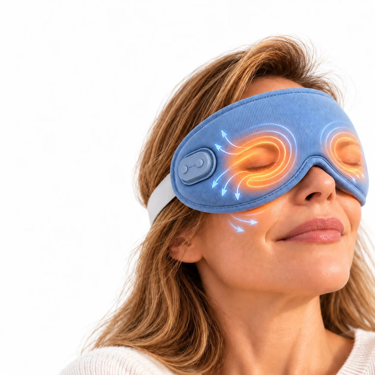 Vrouw met Ovea oogmassager met warmte op